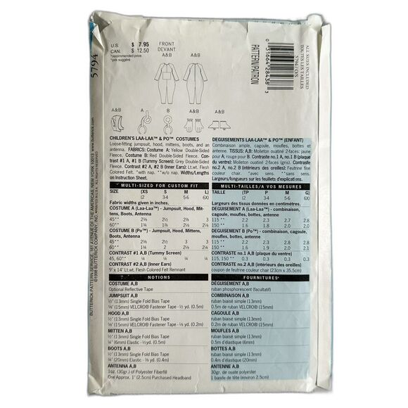 Vintage Costume Sewing Pattern Teletubbies Butterick 5794 Sz 2-6x UNCUT - Picture 2 of 2